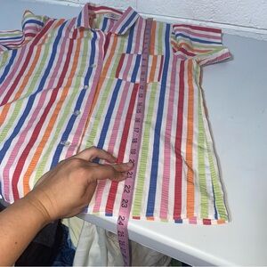 Vintage Rainbow Button Up Shirt Short Sleeve Vertical Striped with Pocket Womens